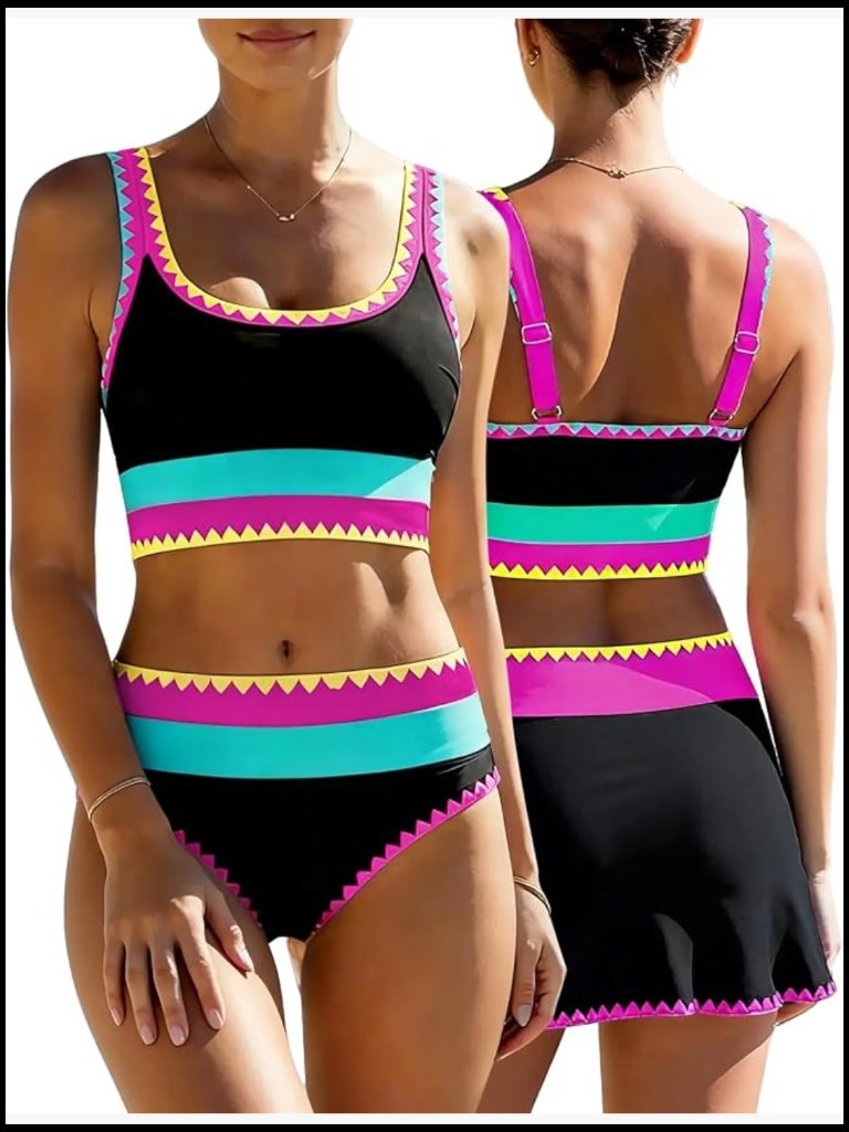 High Waisted Tummy Control Bikini Set With Skirt 3 Piece Sporty Swimwear